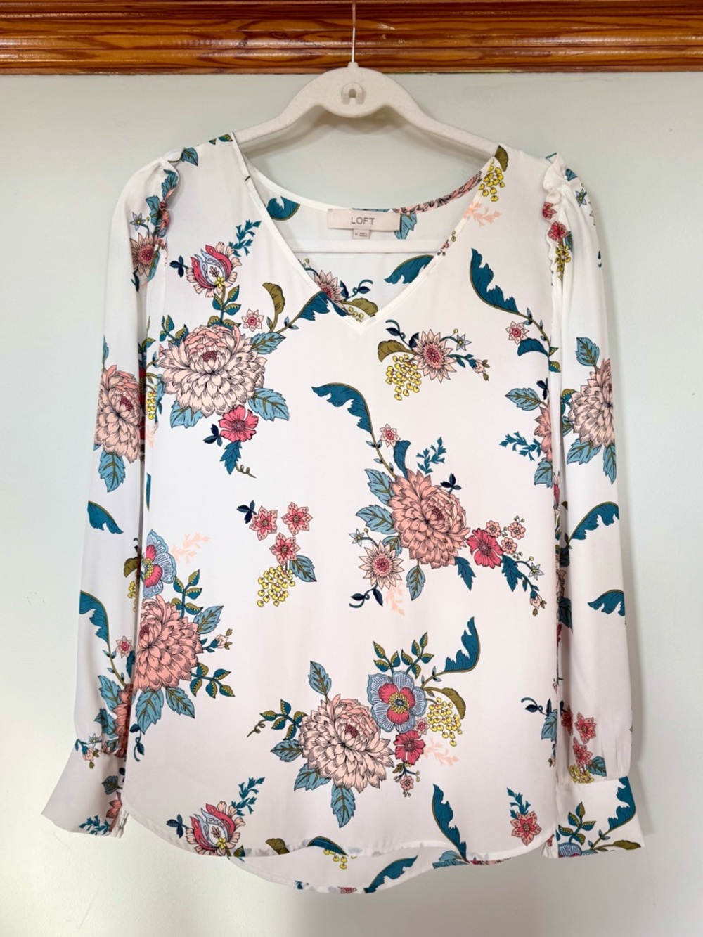 Loft White Floral V-Neck Long Cuffed Sleeve Blouse